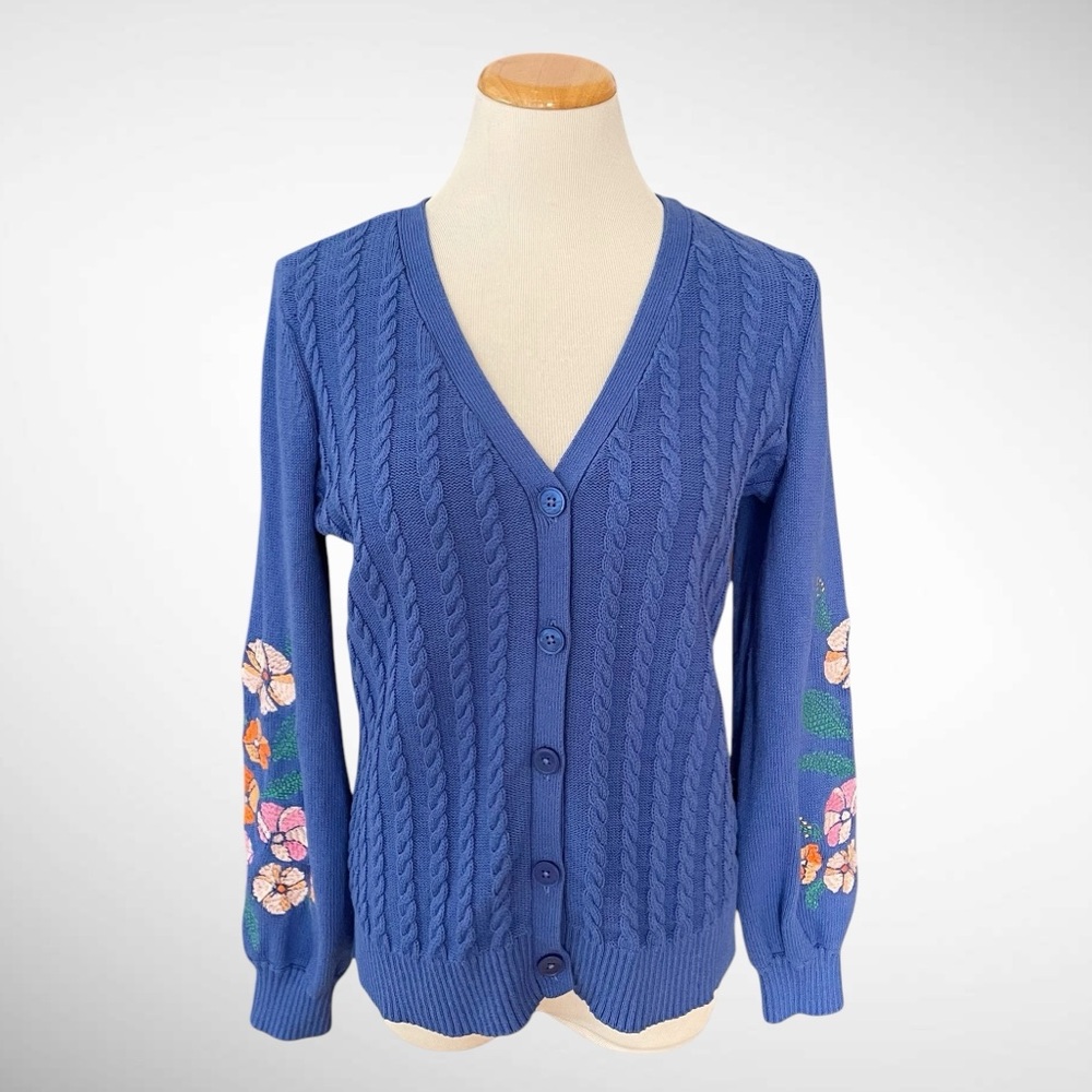 Talbots 100% Cotton Blue Ribbed Cardigan Embroidered Balloon Sleeves